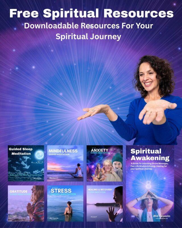 Image of woman offering free spiritual resources like ebooks, meditations, and readings.